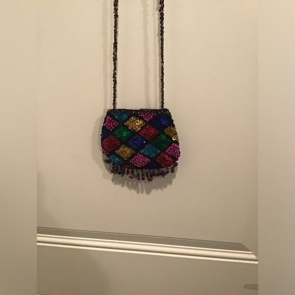 SEQUIN FRINGE PURSE SMALL EVENING BAG MULTI COLOR PROM FORMAL AFFAIR GLITTERING - Picture 3 of 4